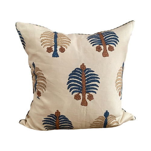 The Voyage Dubai. A charming square cushion crafted from Penny Morrison's playful Gobi Blue print linen finished with a cream and blue striped piping and concealed zip.  The perfect addition to a sofa, armchair or bed.