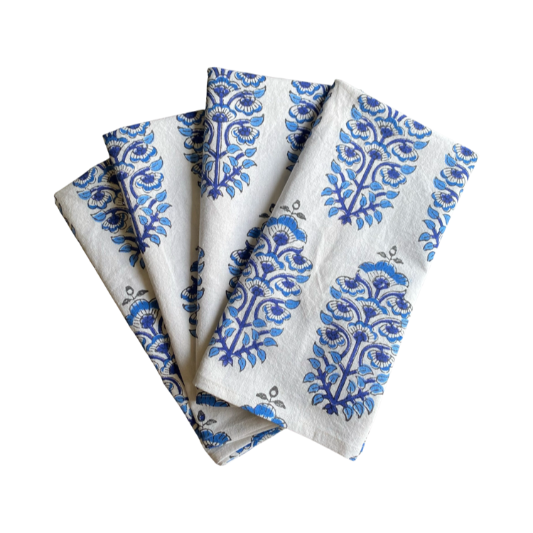 The Voyage Dubai - Majorelle Dinner Napkins  100% cotton hand block printed dinner napkins  Sold in set of four