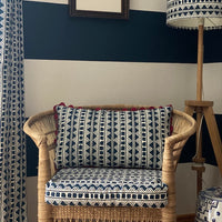 The Voyage Dubai - A striking accent cushion crafted from Volga Linen's archive Kitezh print in Prussian Blue and ivory white finished with burgundy piping and concealed zip.