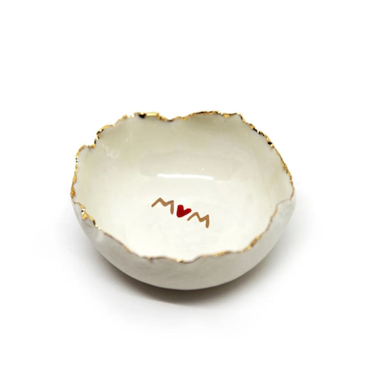 The Voyage Dubai - HB Ceramics Jagged Bowl MUM - Handmade in a small studio in Notting Hill by Heidi Bishop, this stunning porcelain 'jagged' bowl features delicate hand painted MUM and is finished with gold edging.
