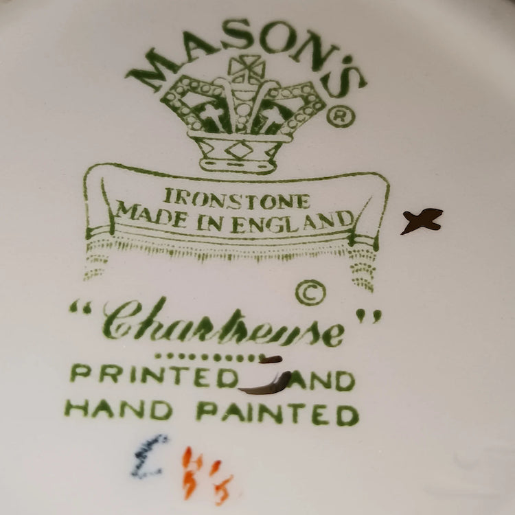 The Voyage Dubai - Vintage Mason's Ironstone Green Chartreuse Jug  A lovely hexagonal jug C1950s featuring a hydra shaped handle, in excellent vintage condition. The jug is made in the hydra shape and hand painted with the Green Chartreuse pattern and a gold rim. The pattern is vibrant with no fading.  Use it as part of a beautiful table setup or as a display piece.