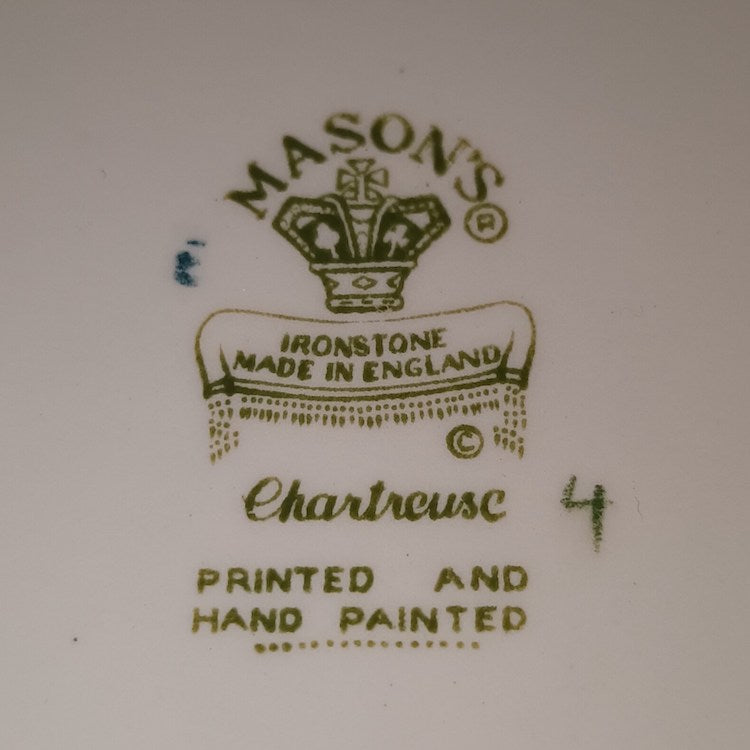 The Voyage Dubai - Vintage Mason's Ironstone Green Chartreuse Oval Serving Dish  A lovely oval serving dish C1950s featuring hydra shaped handles, in excellent vintage condition. The beautiful bright hand painted pattern is vibrant with no fading.  Use it as part of a beautiful table setup or as a display piece.