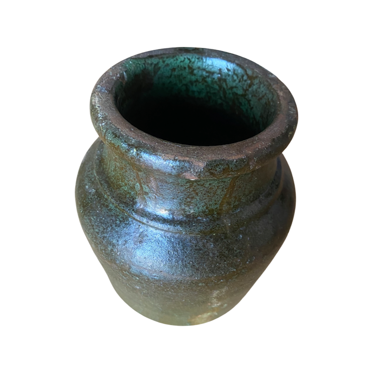 The Voyage Dubai - Vintage earthenware vase finished in a deep green glaze. The vase shows signs of age with a beautiful patina that adds to its charm and character.
