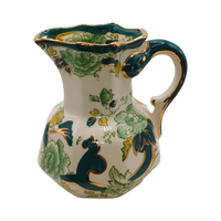 The Voyage Dubai - Vintage Mason's Ironstone Green Chartreuse Jug  A lovely hexagonal jug C1950s featuring a hydra shaped handle, in excellent vintage condition. The jug is made in the hydra shape and hand painted with the Green Chartreuse pattern and a gold rim. The pattern is vibrant with no fading.  Use it as part of a beautiful table setup or as a display piece.