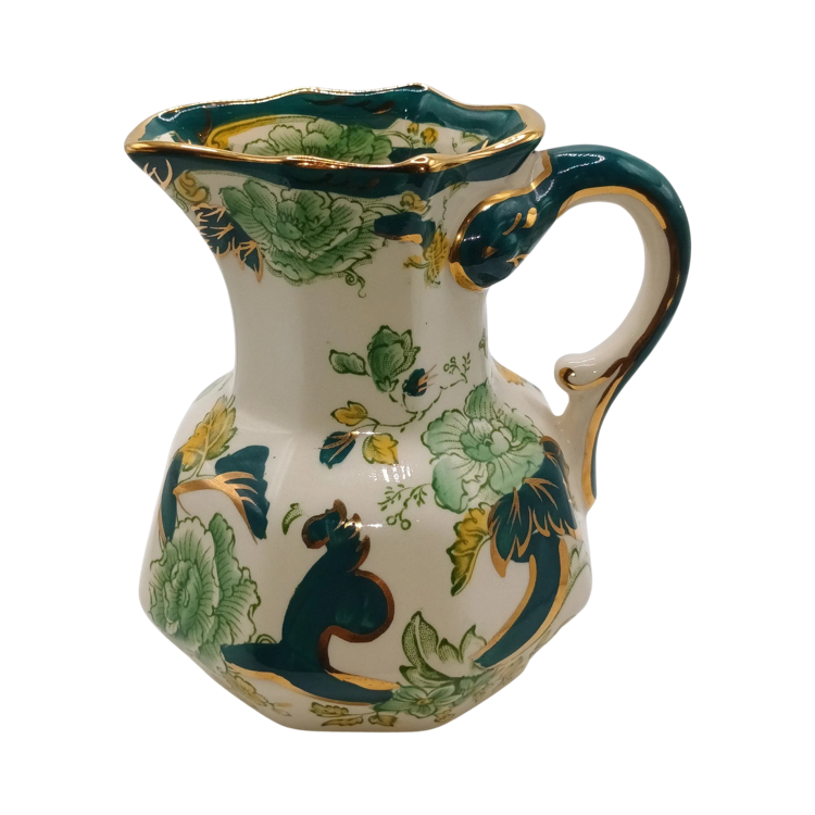 The Voyage Dubai - Vintage Mason's Ironstone Green Chartreuse Jug  A lovely hexagonal jug C1950s featuring a hydra shaped handle, in excellent vintage condition. The jug is made in the hydra shape and hand painted with the Green Chartreuse pattern and a gold rim. The pattern is vibrant with no fading.  Use it as part of a beautiful table setup or as a display piece.