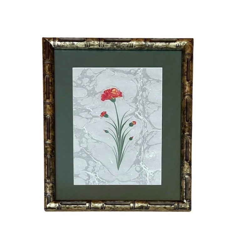 The Voyage Dubai - Hand painted carnation flowers on marbled paper (Ebru).  Presented in a gilt, faux bamboo frame with forest green mat.