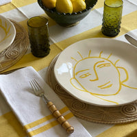 The Voyage Dubai - Lunch in Tangier Thick Stripe Tablecloth - Buttercup Made from a wonderfully soft yet highly durable handwoven cotton, the Lunch in Tangier tablecloth is perfect for everyday use and equally stunning dressed up for a special occasion.