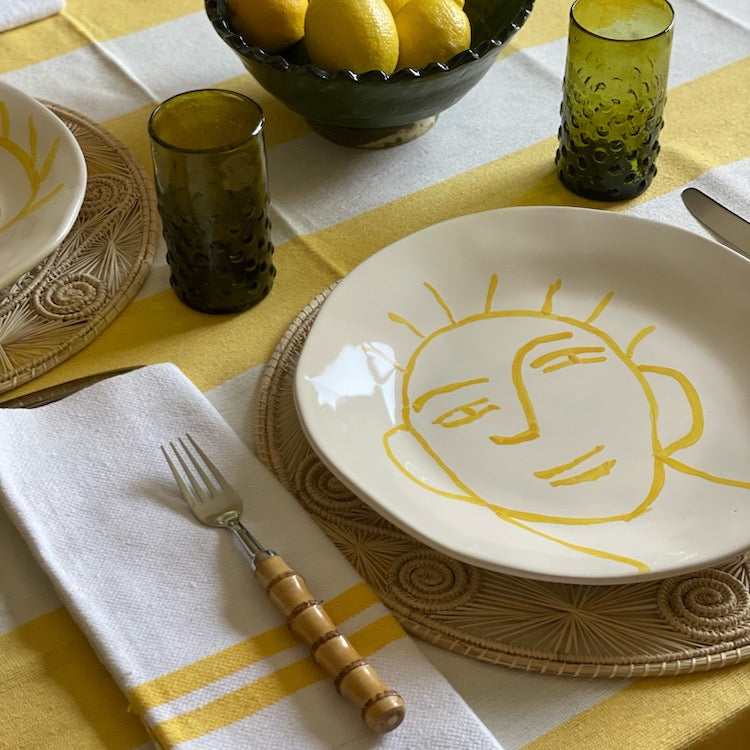 The Voyage Dubai - Lunch in Tangier Thick Stripe Tablecloth - Buttercup Made from a wonderfully soft yet highly durable handwoven cotton, the Lunch in Tangier tablecloth is perfect for everyday use and equally stunning dressed up for a special occasion.