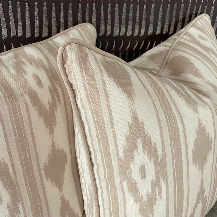 The Voyage Dubai - Mallorcan Ikat cushion in Taupe  A striking accent cushion printed in this traditional geometric motif and finished with taupe piping. The perfect addition to a sofa, armchair or bed.