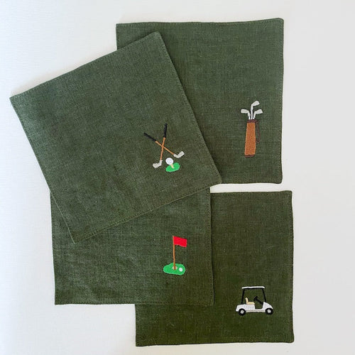 The Voyage Dubai - Talk Birdie To Me Cocktail Napkins in Forest Green  A chic set of cocktail napkins to elevate cocktail hour. Each napkin is beautifully embroidered with a different motif. The perfect gift fore any golf aficionado. - Our cocktail napkins are handcrafted from 100% European linen that has been stonewashed and softened giving them a wonderful, luxurious feel.