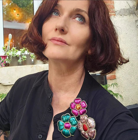 Pascale Nivet Bernetière hand-embroiders jewellery and brooches from her Rennes studio, blending Breton folklore with a rock-and-roll sensibility.