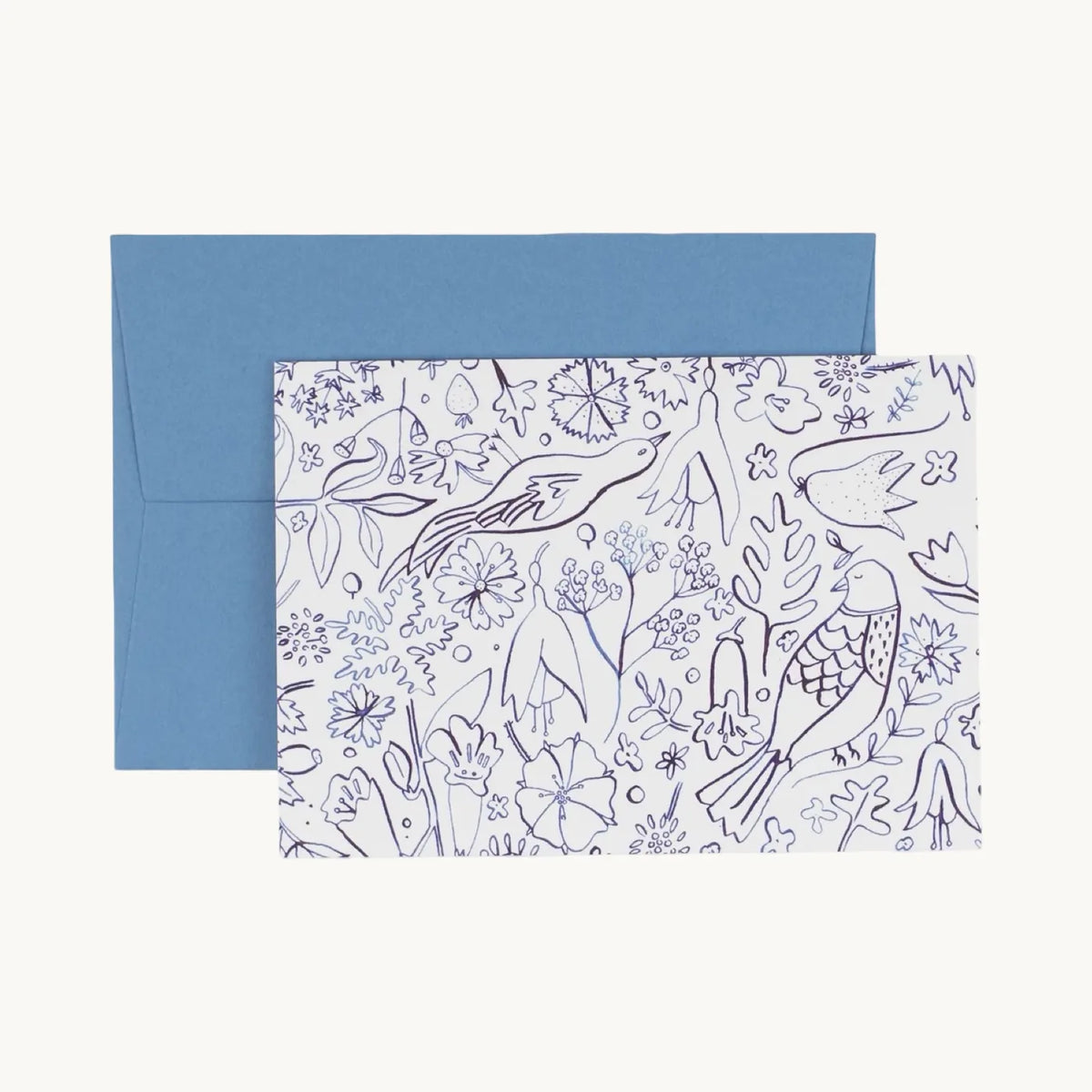 Greeting card of blue ink line drawings of birds, fuchsias and wildflowers on white, with a blue envelope