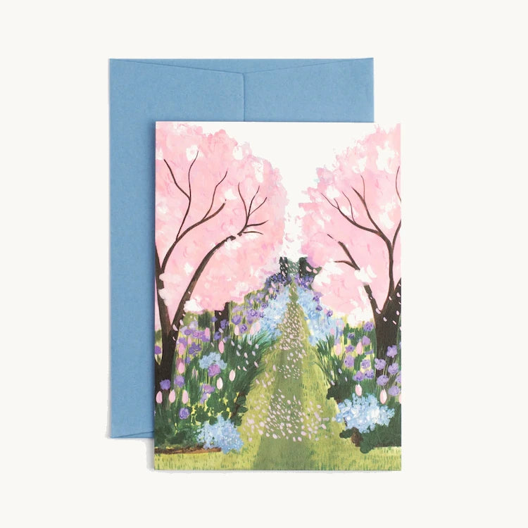 Card by Peggy & Kate - delicate pink blossom and borders full of pink tulips, this card captures the quiet joy of nature in bloom.