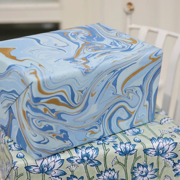Gift wrapped in Hand Marbled Wrapping Paper Sheets 