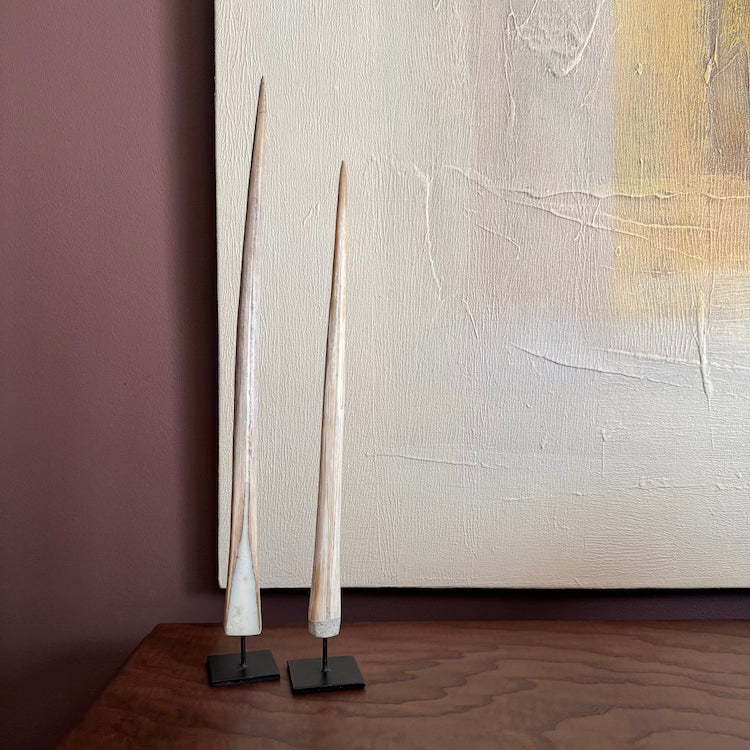 A pair of swordfish bills (horns), designed to be displayed on a table or desk, and full of character, showcasing nature's own beauty.
