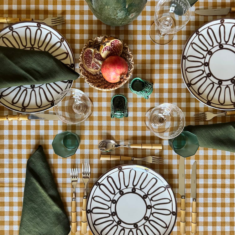 The Voyage Dubai - Gingham Tablecloth in Mustard - A striking printed canvas tablecloth in this traditional geometric motif reflective of the easy Mediterranean lifestyle. Perfect for long lunches and alfresco dining.