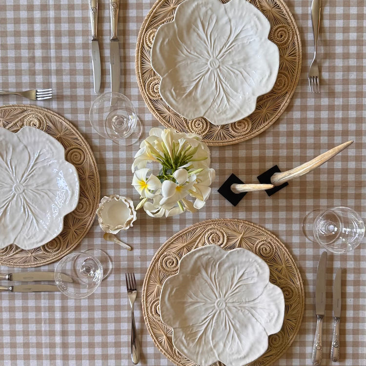 The Voyage Dubai - Gingham Tablecloth in Latte - A striking printed canvas tablecloth in this traditional geometric motif reflective of the easy Mediterranean lifestyle. Perfect for long lunches and alfresco dining.