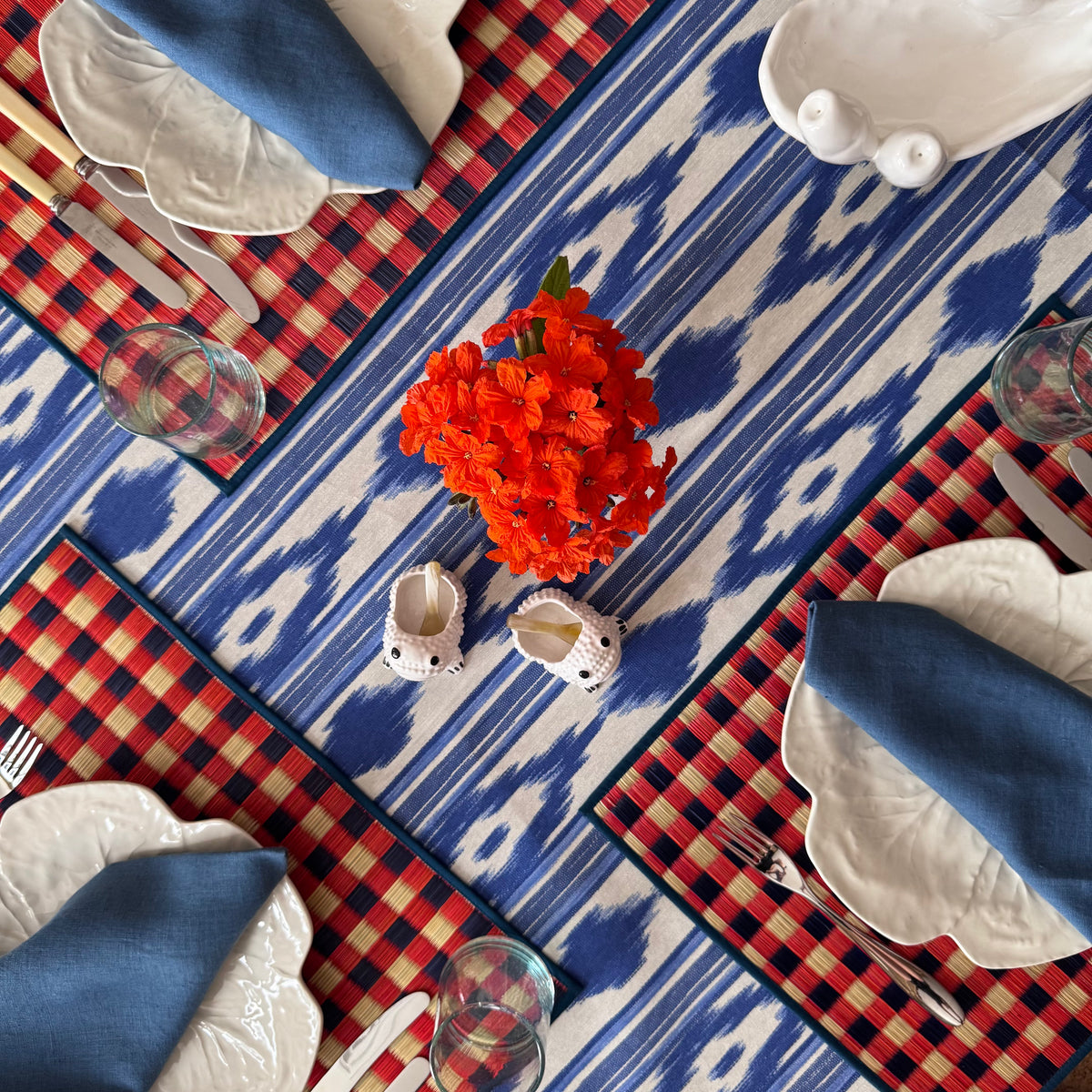The Voyage Dubai - Mallorcan Ikat Tablecloth in Azure - A striking printed canvas tablecloth in this traditional geometric motif reflective of the easy Mediterranean lifestyle. Perfect for long lunches and alfresco dining.