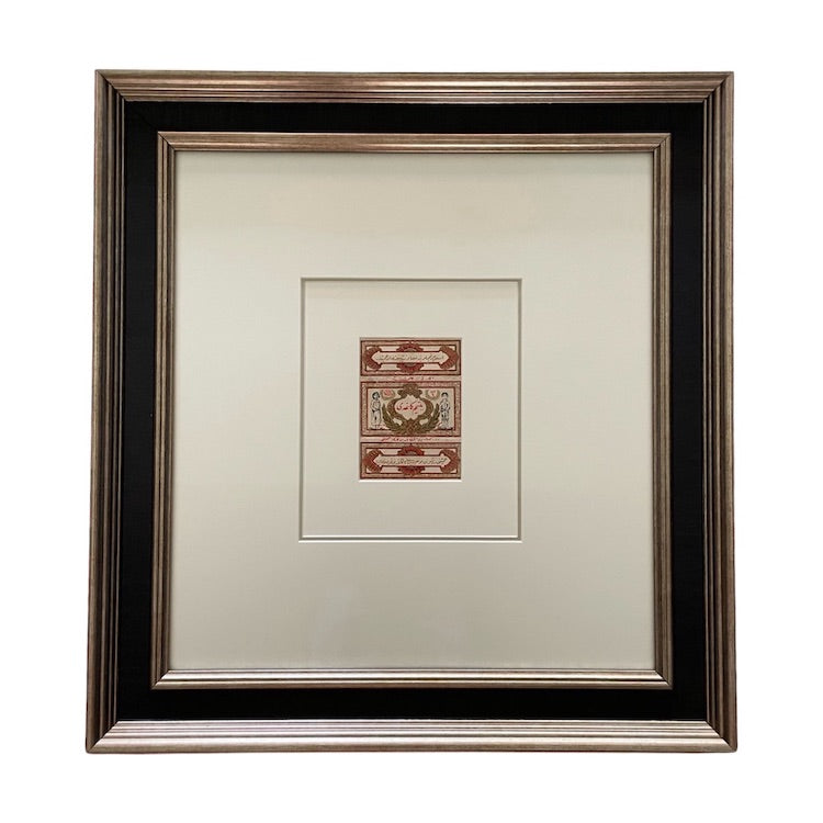 The Voyage Dubai - Vintage 1920s Ottoman Cigarette Rolling Paper.  Framed with neutral mat and classic black and gold frame. Presented behind museum-grade glass to protect the artwork and eliminate reflections. 