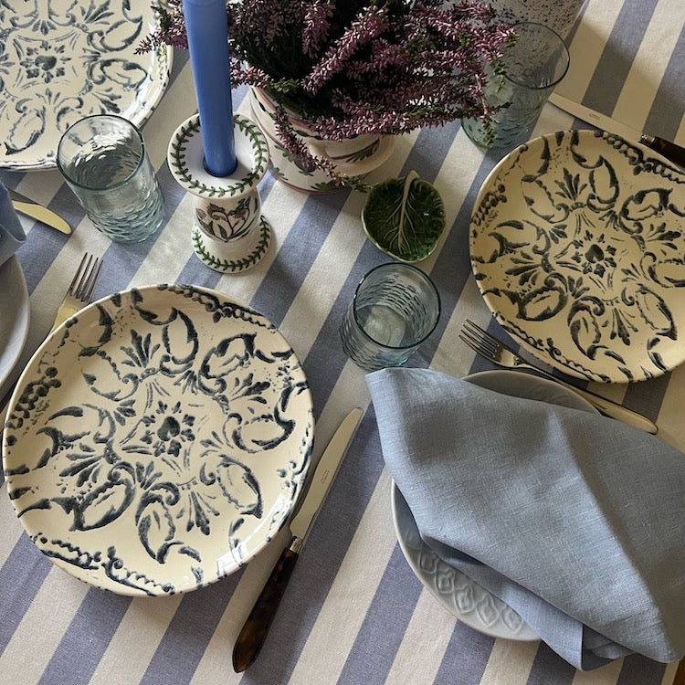 Periwinkle Blue Stripe Tablecloth  A classic stripe tablecloth in soft blue and offwhite, finished with a wide hemmed border. Perfect for long lunches and alfresco dining.