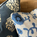 The Voyage Dubai - A striking accent cushion crafted from Volga Linen's archive Poppy print in Cornflower Blue finished with Cream piping and concealed zip.  The perfect addition to a sofa, armchair or bed. 