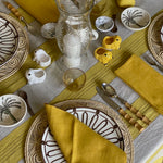 The Voyage Dubai - Broad Stripe Linen Tablecloth in Chinese Yellow/Natural  This beautiful broad stripe linen tablecloth from luxury British fabric house Volga Linen mixes stripes in herringbone and plain weaves and has a top stitch detail that brings definition to the design.  Colour: Chinese Yellow/Natural   Composition: 100% linen