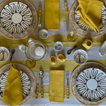 The Voyage Dubai - Broad Stripe Linen Tablecloth in Chinese Yellow/Natural  This beautiful broad stripe linen tablecloth from luxury British fabric house Volga Linen mixes stripes in herringbone and plain weaves and has a top stitch detail that brings definition to the design.  Colour: Chinese Yellow/Natural   Composition: 100% linen