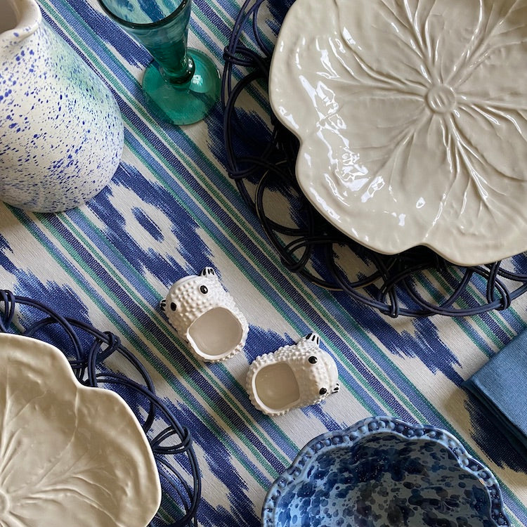 Mallorcan Ikat Tablecloth in Jade  A striking cotton blend tablecloth printed in this traditional geometric motif reflective of the easy Mediterranean lifestyle. Perfect for long lunches and alfresco dining.  Origin: Spain Made by hand locally  Also available in other colours.