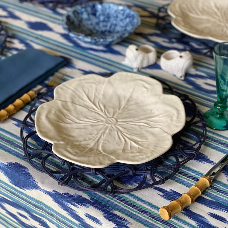 Mallorcan Ikat Tablecloth in Jade  A striking cotton blend tablecloth printed in this traditional geometric motif reflective of the easy Mediterranean lifestyle. Perfect for long lunches and alfresco dining.  Origin: Spain Made by hand locally  Also available in other colours.