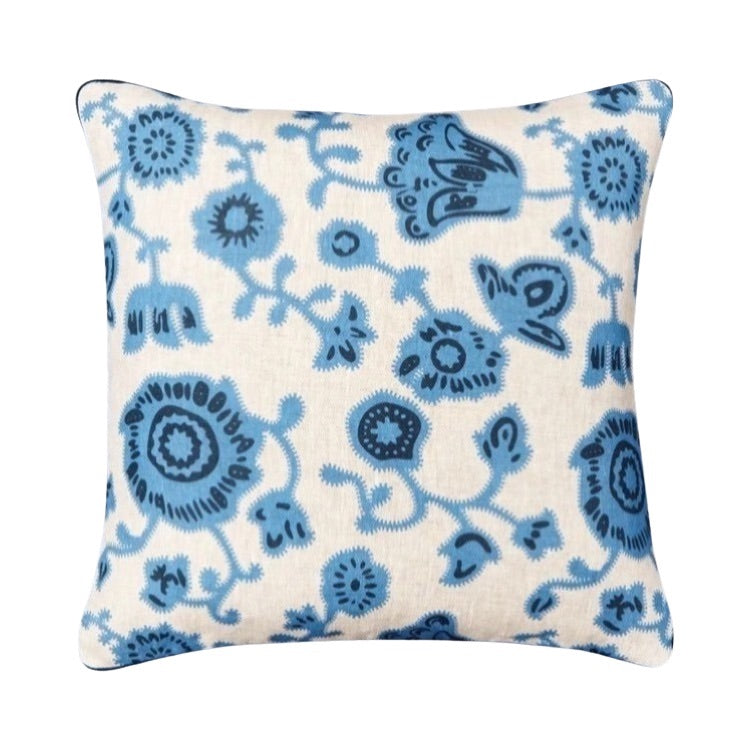 The Voyage Dubai - A striking accent cushion crafted from Volga Linen's archive Poppy print in Cornflower Blue finished with Cream piping and concealed zip.  The perfect addition to a sofa, armchair or bed. 