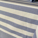 Periwinkle Blue Stripe Tablecloth A classic stripe tablecloth in soft blue and offwhite, finished with a wide hemmed border. Perfect for long lunches and alfresco dining.