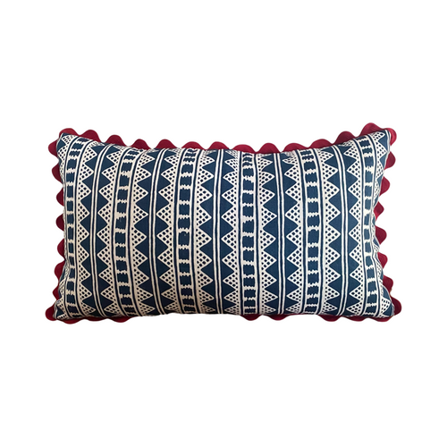 The Voyage Dubai - A striking accent cushion crafted from Volga Linen's archive Kitezh print in Prussian Blue and ivory white finished with burgundy piping and concealed zip.