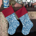The Voyage Dubai - Chic and festive, our limited edition Christmas Tree stockings are made from Volga Linen's blue Aloysha print and finished with a contrasting European linen burgundy cuff and hook. The stockings are fully lined to hold their shape.