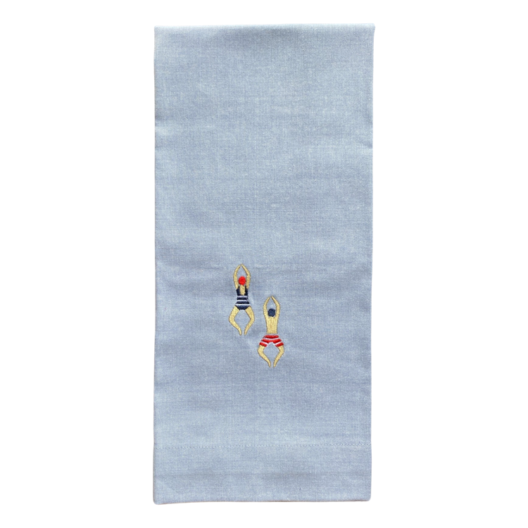 The Voyage Dubai - Poolside Embroidered Hand Towel A fun addition to an outdoor setting, guest bathroom, laundry or kitchen, the Poolside Hand Towels are individually embroidered on 100% pure cotton and finished with a thick hem. Sold individually, each hand towel features two motifs.