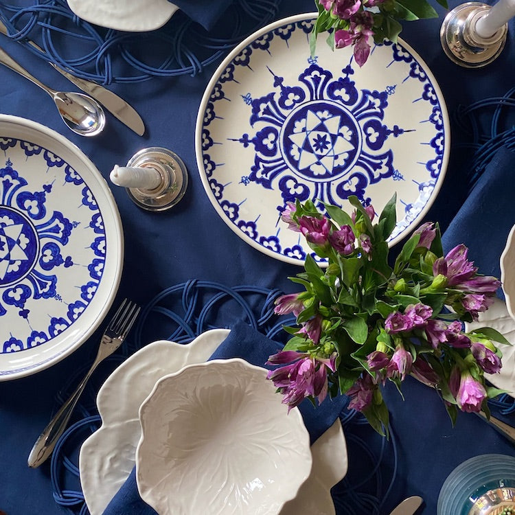 The Voyage Dubai - One of a kind, hand-painted Iznik ceramic dish from Turkey featuring a bold blue and white geometric design.
