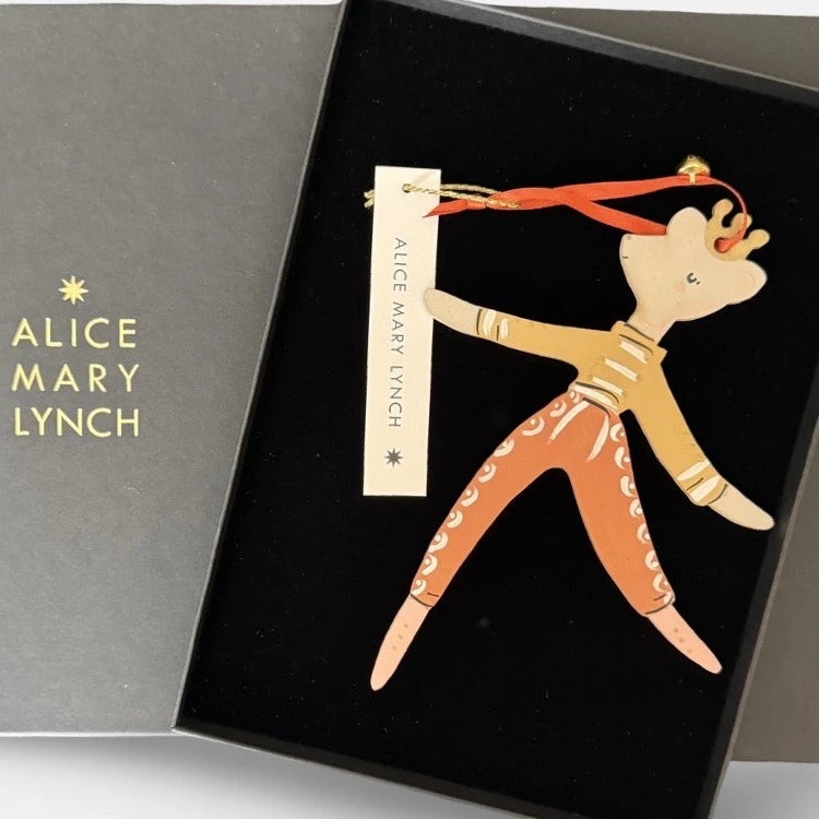 Mouse Dancer in Ochre/Red Hand Painted Wooden Ornament by Alice Mary Lynch