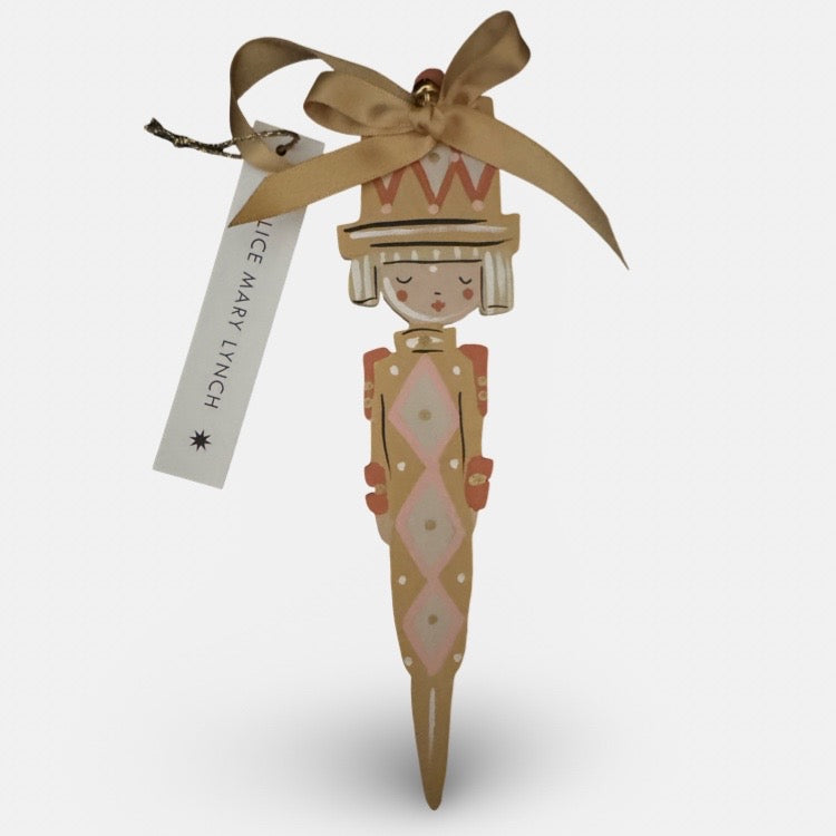 The Voyage Dubai - Cracker Girl in Ochre Hand Painted Wooden Ornament by Alice Mary Lynch