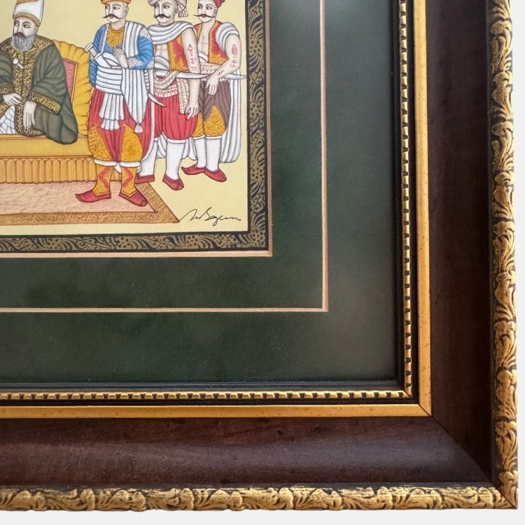 The Voyage Dubai - An original signed Turkish Miniature painting presented in a mahogany and gold frame with forest green matting and an intricate hand painted border.