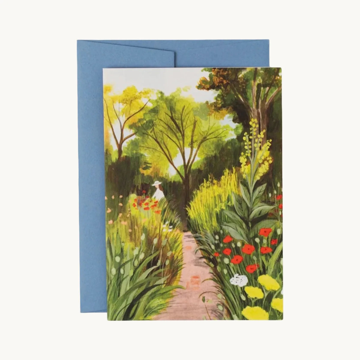 Greeting card of a woman in a white hat on a garden path lined with red poppies and tall yellow flowers, with a blue envelope