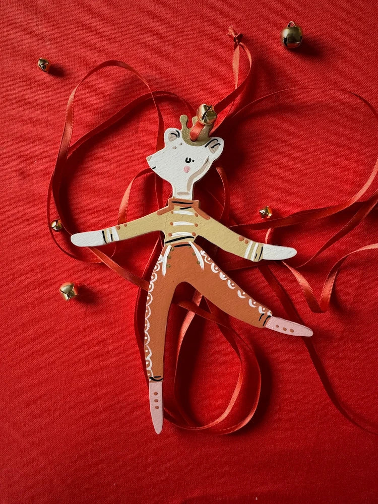 Mouse Dancer in Ochre/Red Hand Painted Wooden Ornament by Alice Mary Lynch
