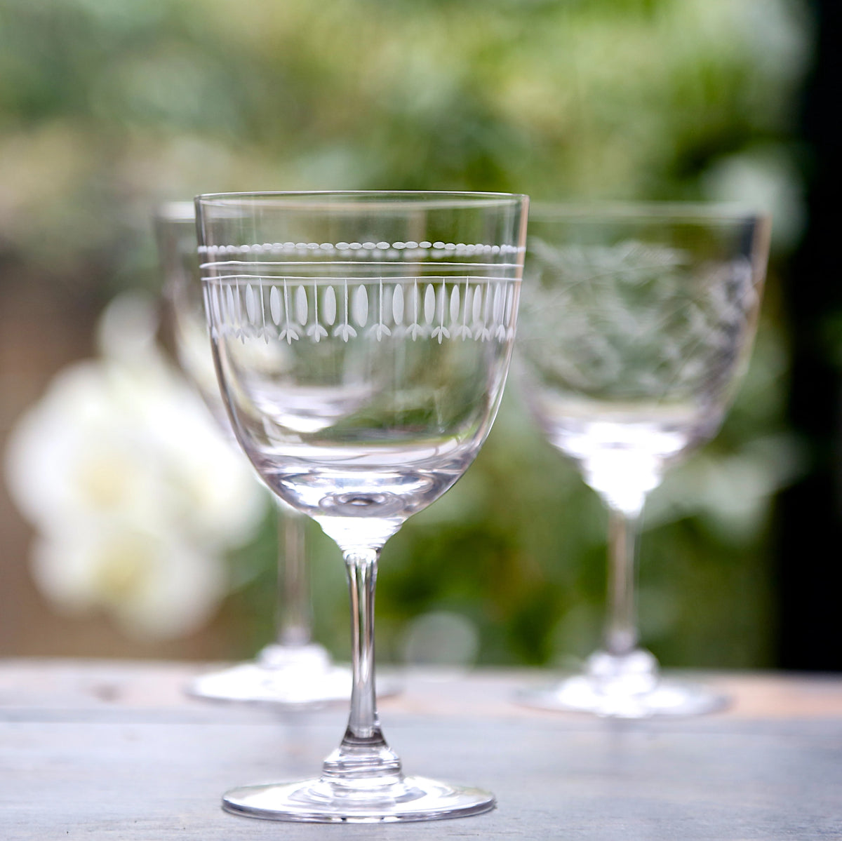 Crystal Wine Glasses with a hand engraved Ovals detail, crafted from fine, lead-free crystal and finished by hand by The Vintage List