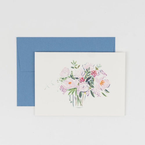 The Voyage Dubai - Peony Vase Card  Originally hand illustrated by British artist Kate Cronk in watercolour and gouache.  Printed on luxury 300gsm card with a corresponding blue envelope.  Blank inside for your own message.