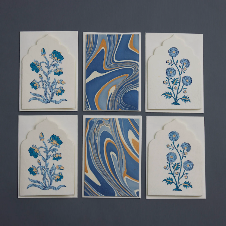 The Voyage Dubai - This boxed set of luxury notecards/envelopes is a stationery lover's dream. Each set features 6 beautiful, die-cut notecards and envelopes, handcrafted by artisans in India, using traditional techniques of wood block printing and hand marbling.