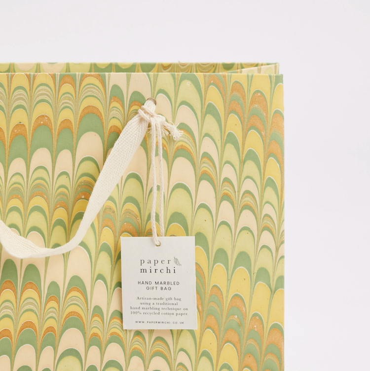 The Voyage Dubai - These hand marbled gift bags are made from a strong 250gsm recycled cotton card paper in colours and designs complementing the gift wrap range. The bags are hand marbled by artisans using traditional techniques and are not digitally mass produced.