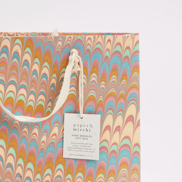 The Voyage Dubai - These hand marbled gift bags are made from a strong 250gsm recycled cotton card paper in colours and designs complementing the gift wrap range. The bags are hand marbled by artisans using traditional techniques and are not digitally mass produced.
