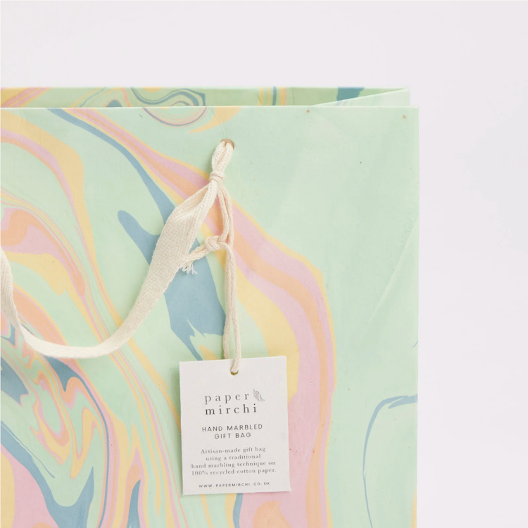The Voyage Dubai - These hand marbled gift bags are made from a strong 250gsm recycled cotton card paper in colours and designs complementing the gift wrap range. The bags are hand marbled by artisans using traditional techniques and are not digitally mass produced.