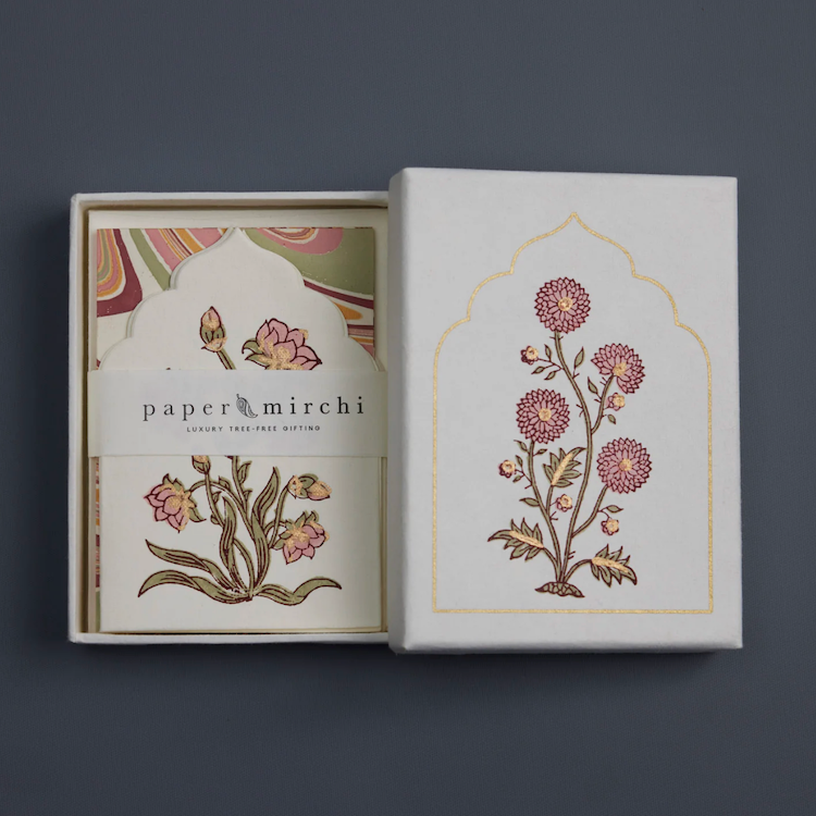 The Voyage Dubai - This boxed set of luxury notecards/envelopes is a stationery lover's dream. Each set features 6 beautiful, die-cut notecards and envelopes, handcrafted by artisans in India, using traditional techniques of wood block printing and hand marbling.