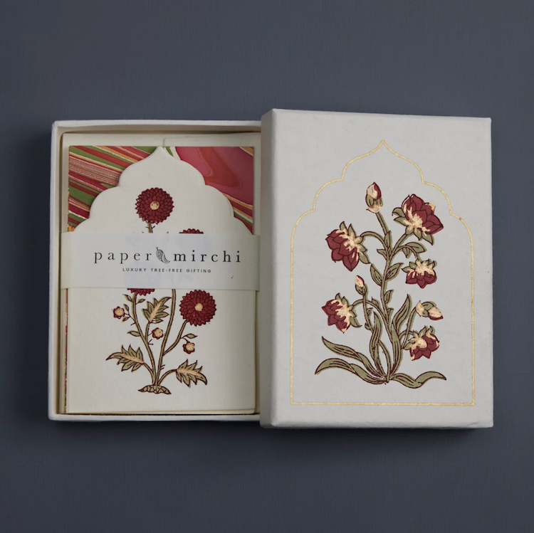 The Voyage Dubai - This boxed set of luxury notecards/envelopes is a stationery lover's dream. Each set features 6 beautiful, die-cut notecards and envelopes, handcrafted by artisans in India, using traditional techniques of wood block printing and hand marbling.