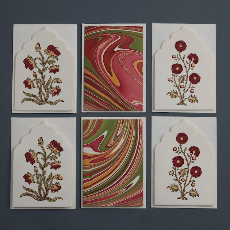 The Voyage Dubai - This boxed set of luxury notecards/envelopes is a stationery lover's dream. Each set features 6 beautiful, die-cut notecards and envelopes, handcrafted by artisans in India, using traditional techniques of wood block printing and hand marbling.