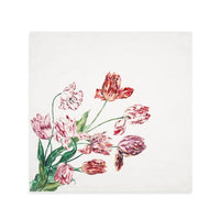 The Voyage Dubai - S&amp;B Tulip Linen Napkins in Red & Pink- Set of Two - Tulipmania takes hold all over again… With rich, complex colours and elaborately curved and crimped petals that give each flower a distinctive character, this print explores the intriguing nature of the Tulip, a flower that has continued to beguile with its beauty, throughout the centuries.